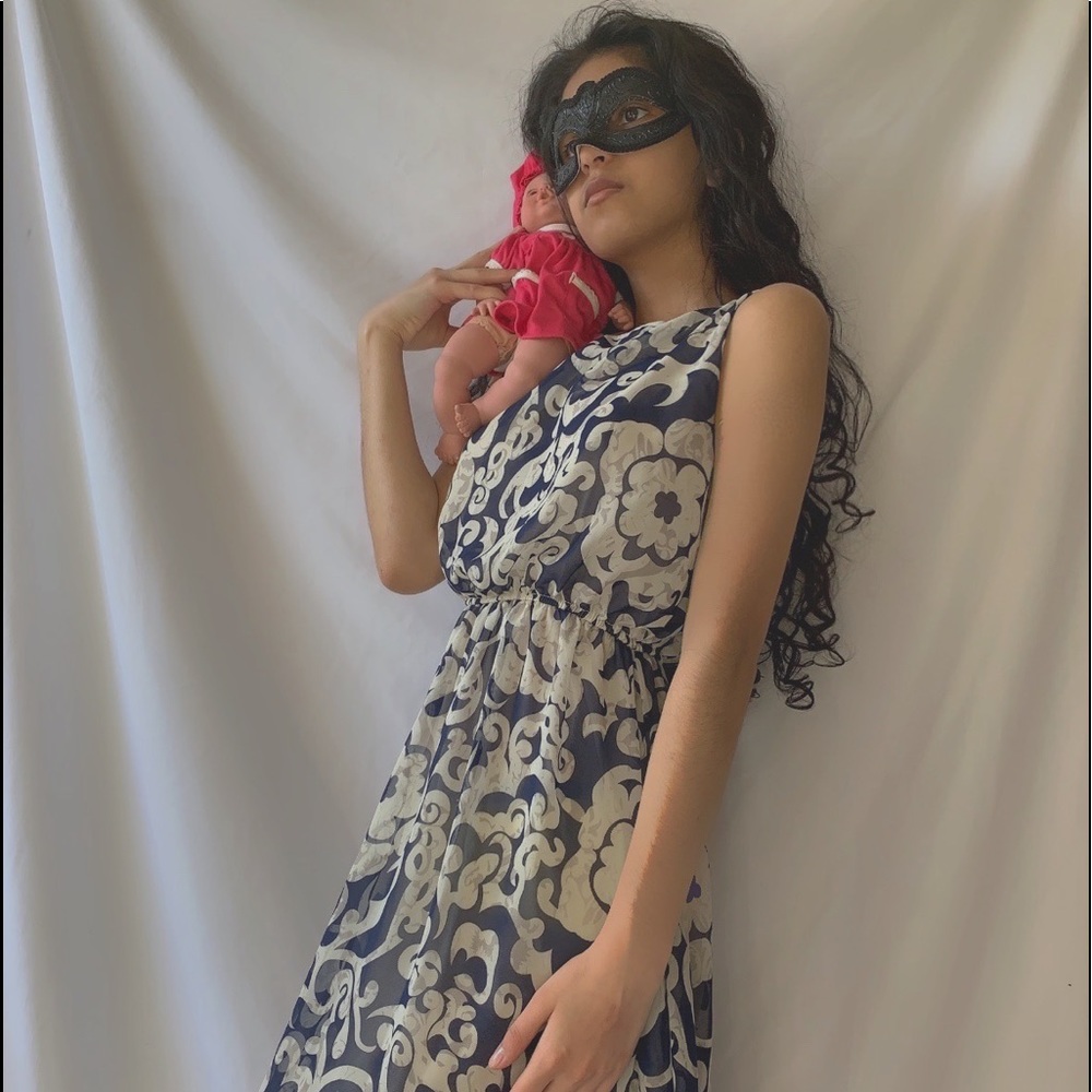 🤍 Blue and White Sheer Layered Paisley Maxi Dress